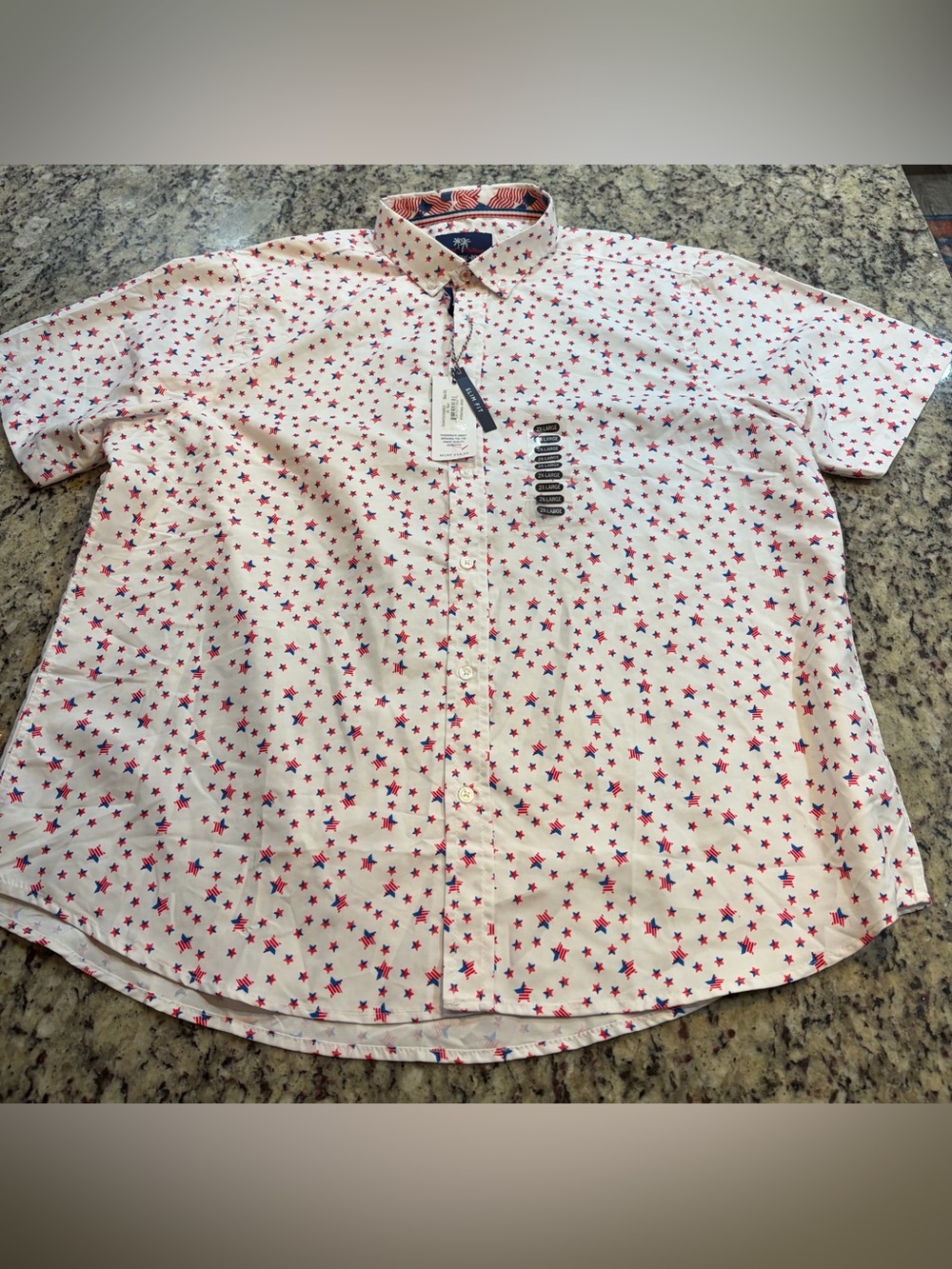 Men's Short-Sleeve Button-Down Shirt in White with Red Star Print